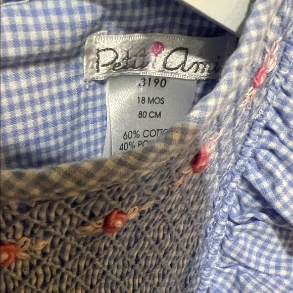 Petit Ami smocked long sleeve dress size 18M blue/white with pink rosettes - Picture 4 of 5